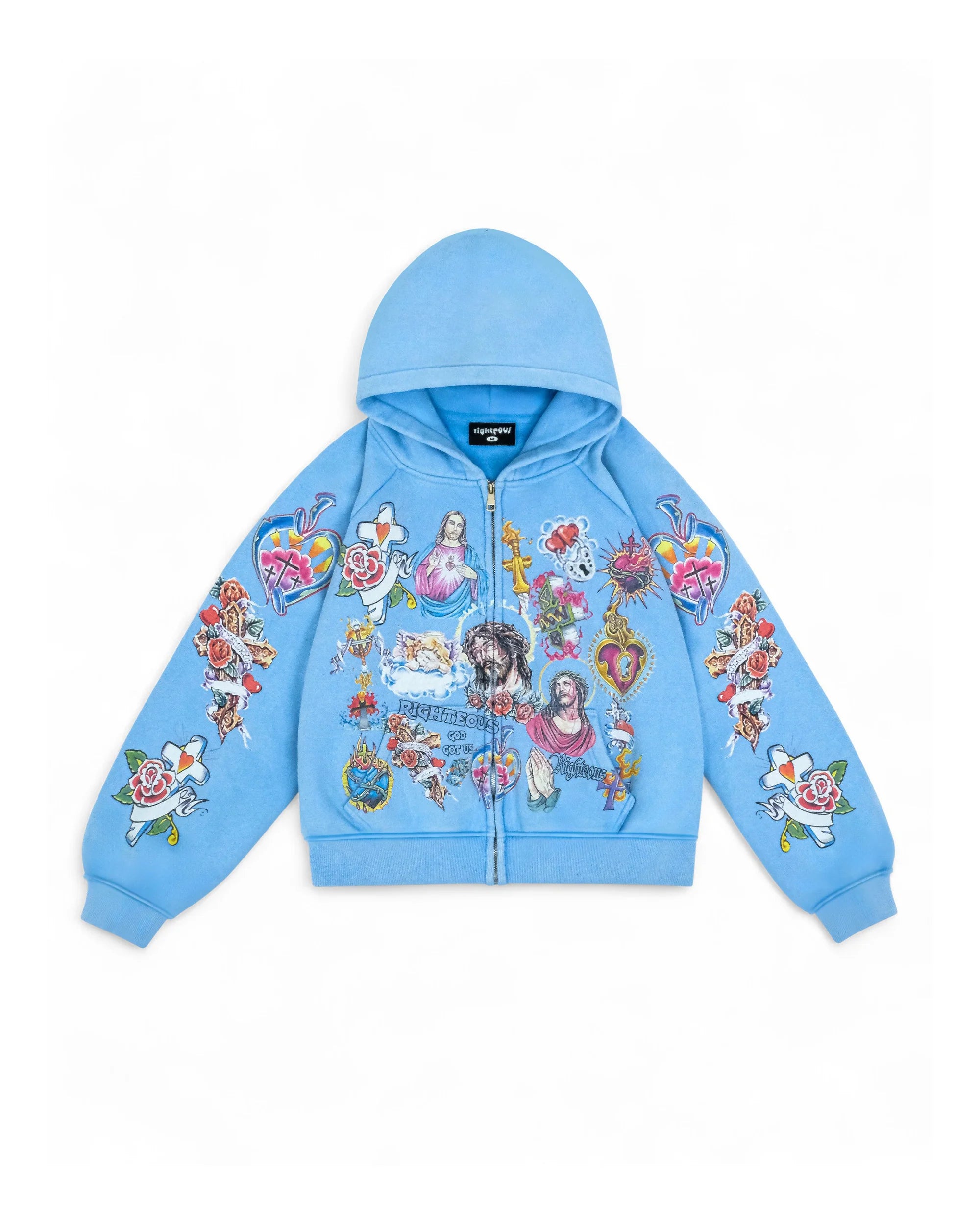 WE ARE RIGHTEOUS LIGHT BLUE ZIP-UP HOODIE